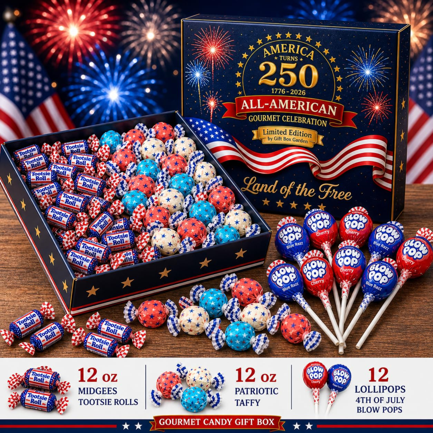 Gift Box Garden | America 250th Candy Variety Box | Red, White & Blue Midgees, Salt Water Taffy & Blow Pops | Assorted Candy Gift Box for Independence Day, Memorial Day, Parties & Gifting