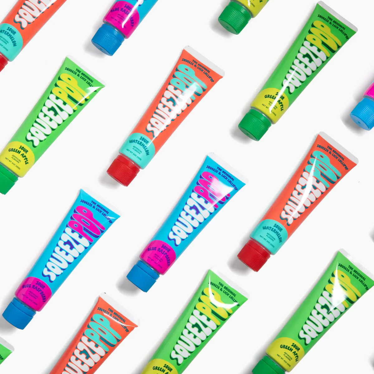 Squeeze Pop 4 oz – Sour Lollipop Tube in Watermelon, Blue Raspberry & Green Apple | Single, 3, 12 & Variety Pack