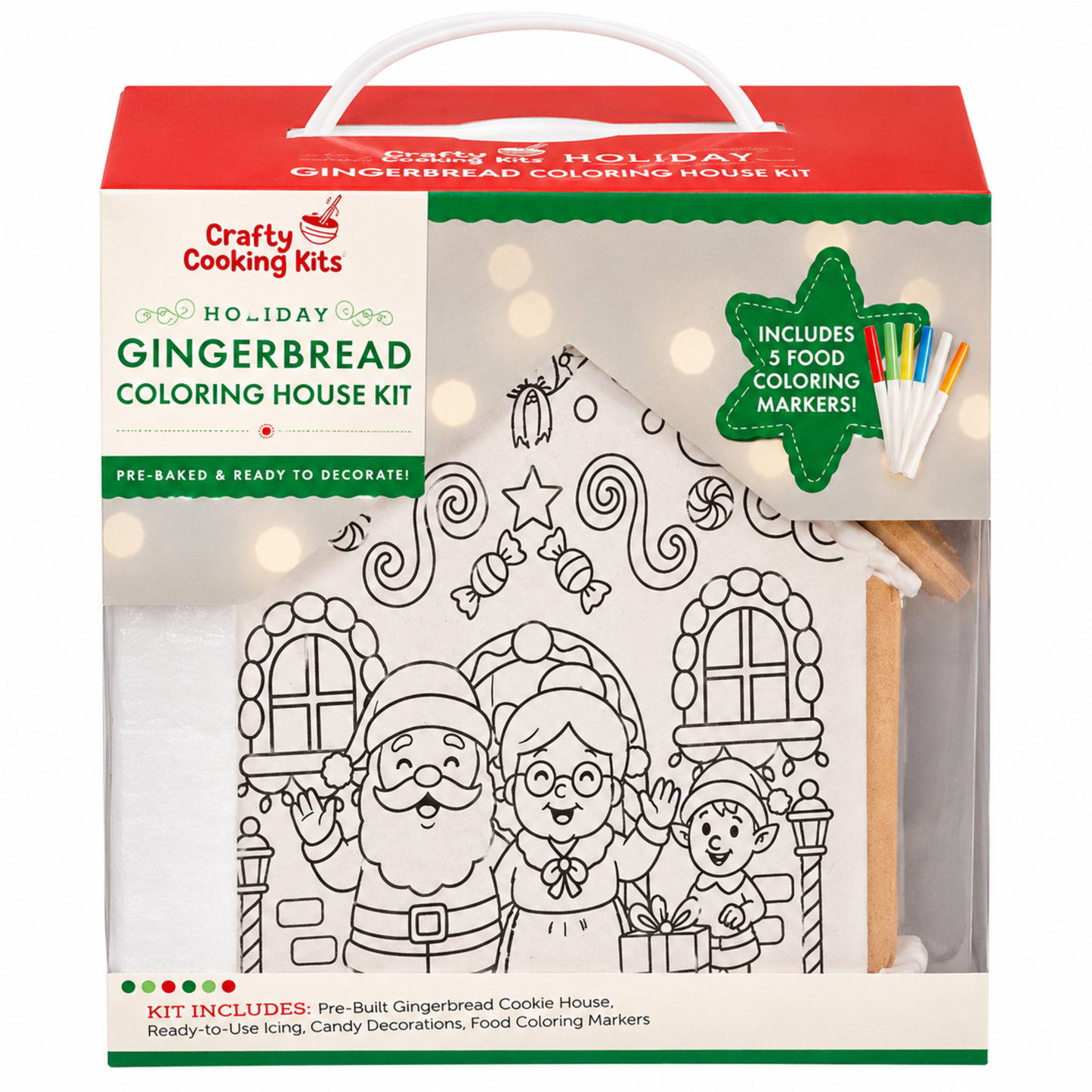 Treat Yourself! | Pre-Built Holiday Gingerbread Coloring House Kit - Santa | Includes White Icing, Rainbow Gumdrops & 5 Food-Safe Markers