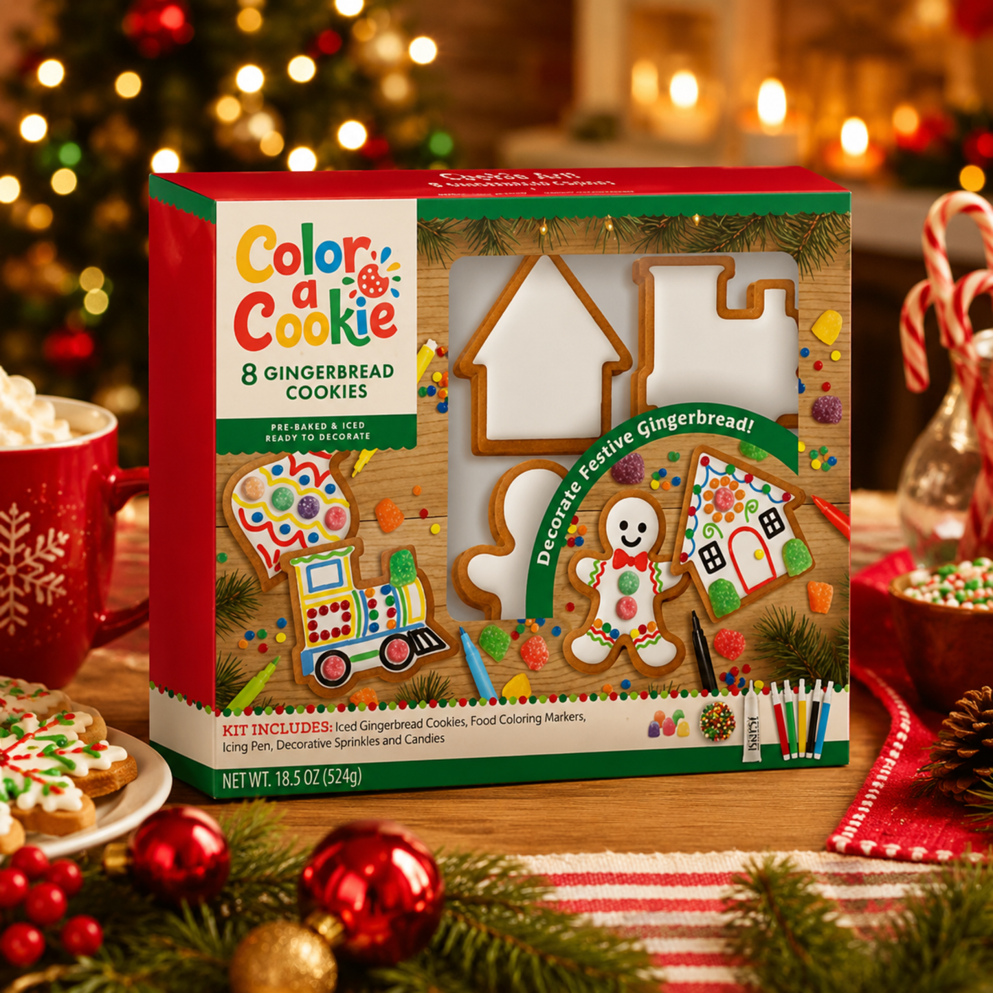Treat Yourself! | Color a Cookie Festive Gingerbread Cookie Kit | Christmas Activity Kit | 8 Pre-Baked Iced Cookies, Rainbow Gumdrops, Rainbow Confetti, & 5 Food-Safe Markers