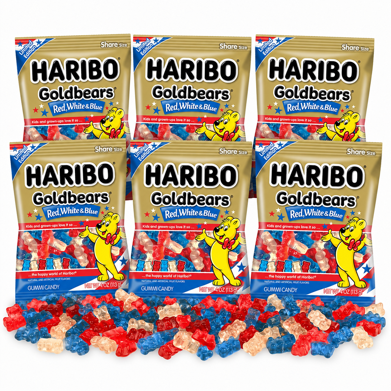 HARIBO Goldbears Red, White & Blue Gummy Candy 4 oz Bags | Cherry, Pineapple & Blue Raspberry | 1, 3, 6 & 12 Pack Options