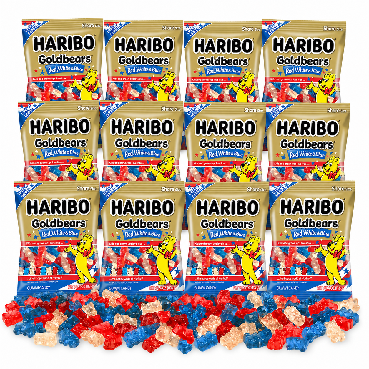 HARIBO Goldbears Red, White & Blue Gummy Candy 4 oz Bags | Cherry, Pineapple & Blue Raspberry | 1, 3, 6 & 12 Pack Options