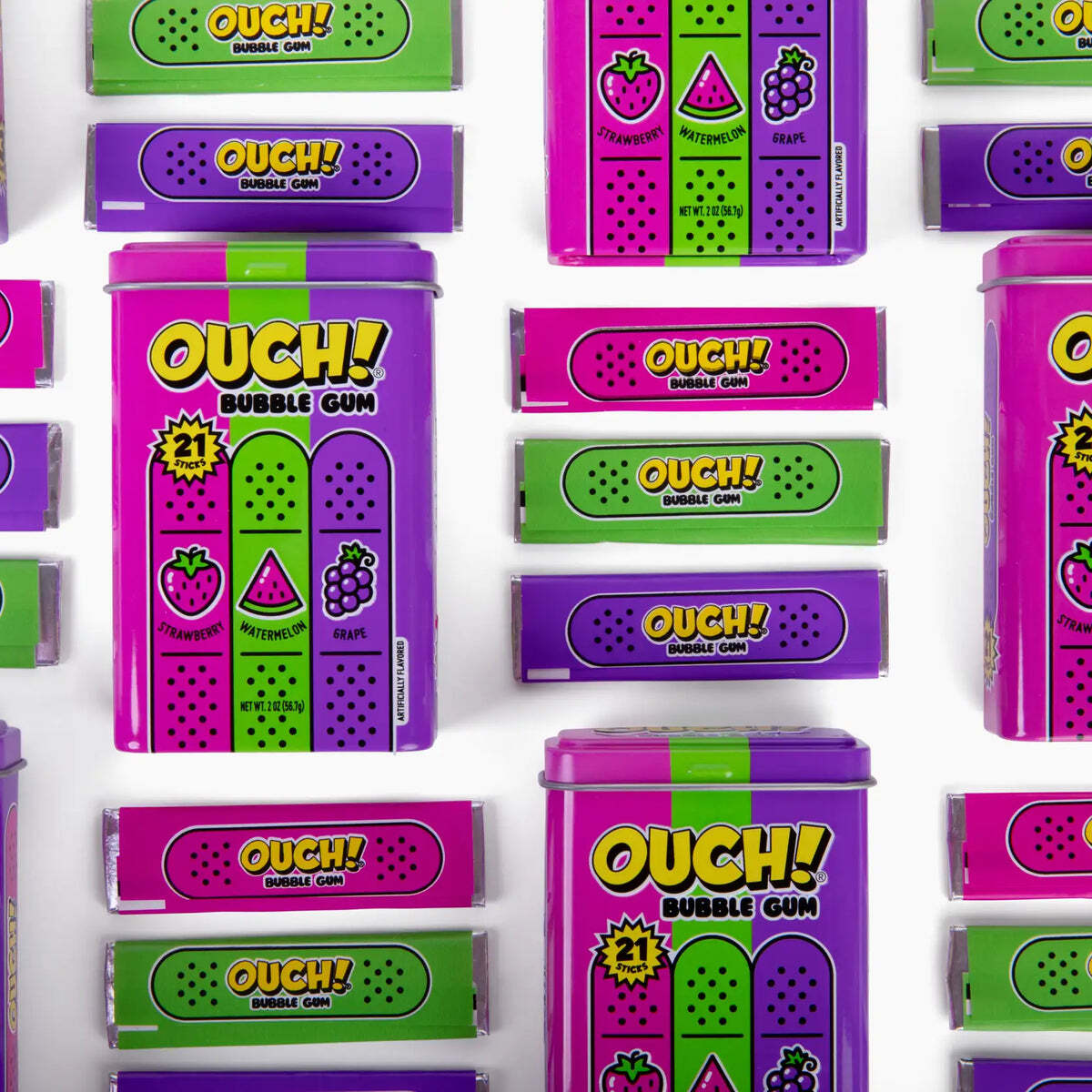 Ouch! Bubble Gum – 2oz Tin | ‘90s Nostalgia Candy in Watermelon, Strawberry & Grape