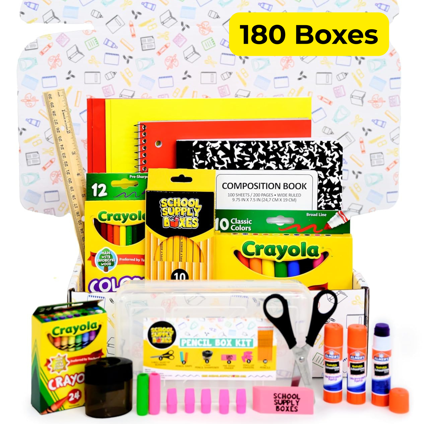 School Supply Boxes | K–5 Bundle | Complete School Supply Kit with Notebooks, Art & Writing Supplies | Box (1), Case (4), Pallet (180)