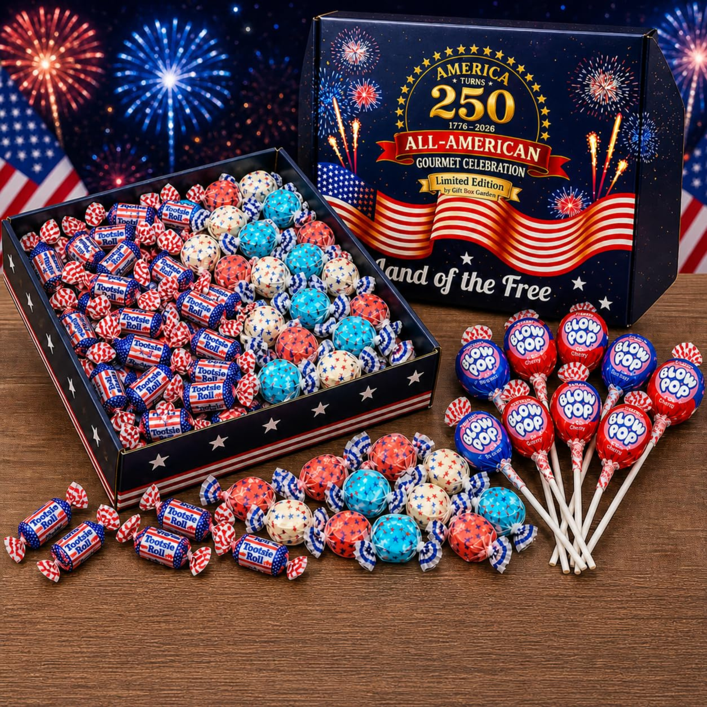 Gift Box Garden | America 250th Candy Variety Box | Red, White & Blue Midgees, Salt Water Taffy & Blow Pops | Assorted Candy Gift Box for Independence Day, Memorial Day, Parties & Gifting