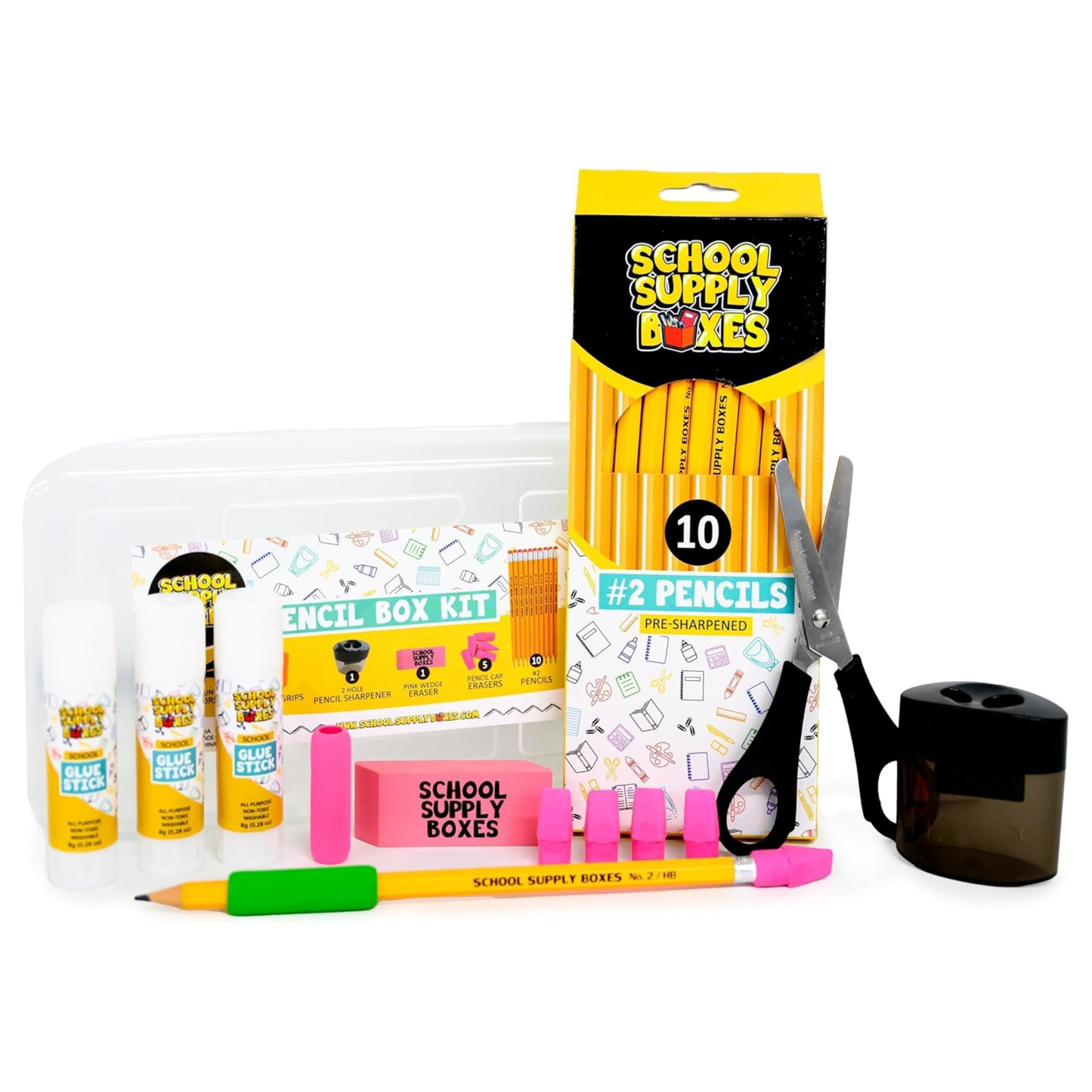 School Supply Boxes | K-5 Back to School Pencil Box Kit | 16-Piece Supply Set with Clear Plastic Box, Pencils, Crayons, Scissors & Glue Sticks