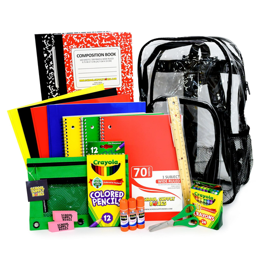 School Supply Boxes | 17" Clear or Black Backpack Bundle for Elementary School | Back to School Bookbag with Supplies | Contains Crayons, Colored Pencils, Ruler, Disappearing Glue, Notebook, and More