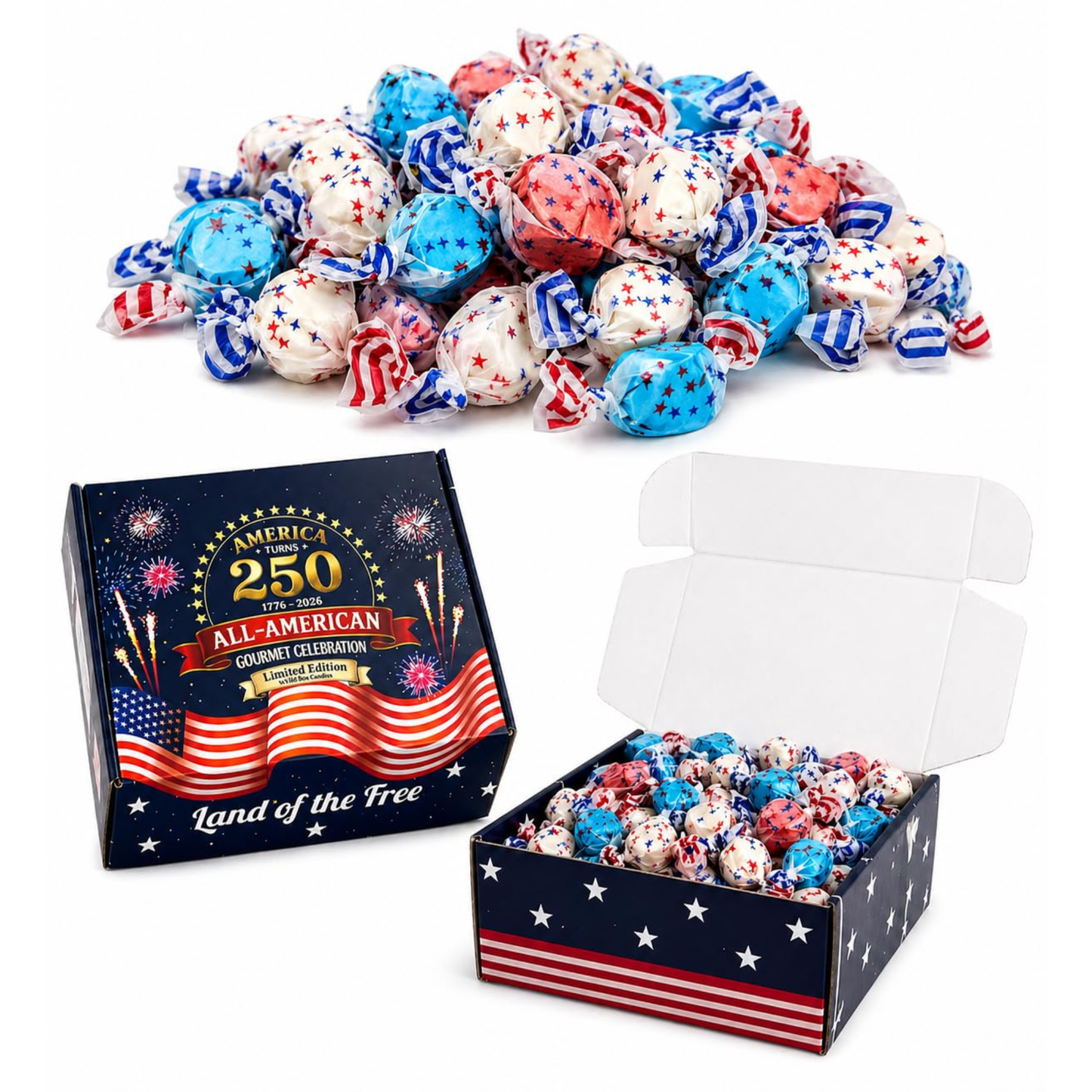 Gift Box Garden | America 250th Anniversary Limited Edition Salt Water Taffy Gift Box | 2 lb Cherry, Vanilla & Blueberry Taffy Candy Assortment | Patriotic Soft & Chewy Candy for 4th of July, Memorial Day, Parties & Gifting