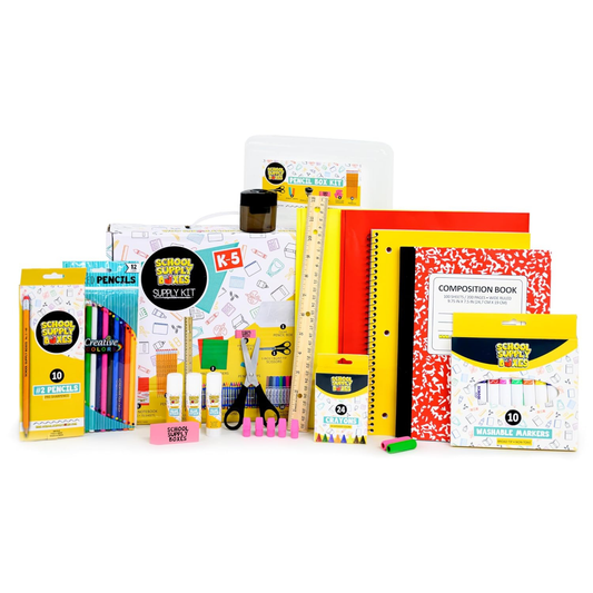 School Supply Boxes | K-5 Bundle With Handle (1 Box) | Back to School Essentials Kit for Students & Teachers | Includes Wide-Ruled Paper Products, Crayons, Markers, Colored Pencils, & More