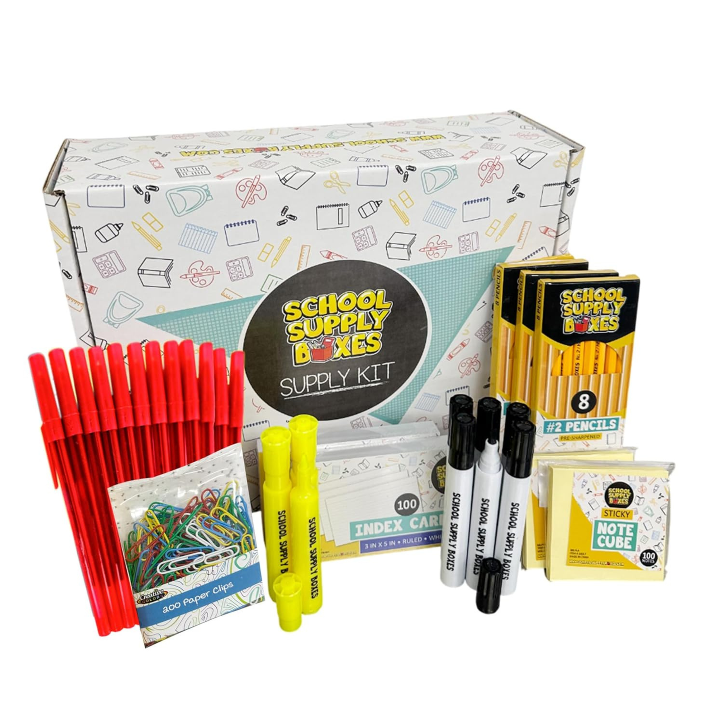 School Supply Boxes | Teacher Bundle - Available in 1 Box, 1 Case (4 Units), or 1 Pallet (180 Units) | Back to School Essentials Kit Designed for Teachers | Includes Pencils, Red Pens, Dry Erase Markers, Sticky Notes, Paper Clips & More
