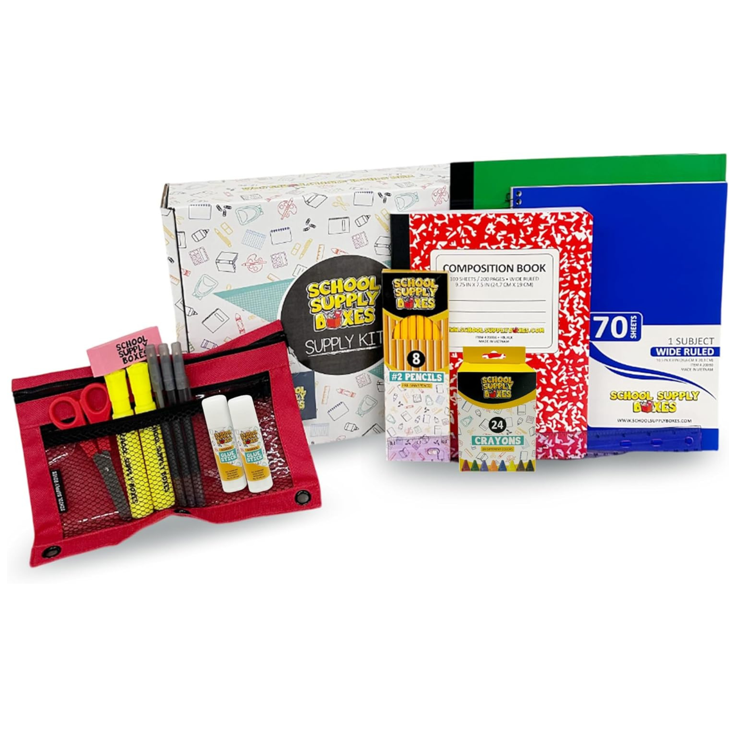 School Supply Boxes | K-8 Bundle - Available in 1 Box, 1 Case (4 Units), or 1 Pallet (180 Units) | Back to School Essentials Kit for Students & Teachers | Includes Spiral Notebook, Crayons, Pens, Pencils, Glue & More