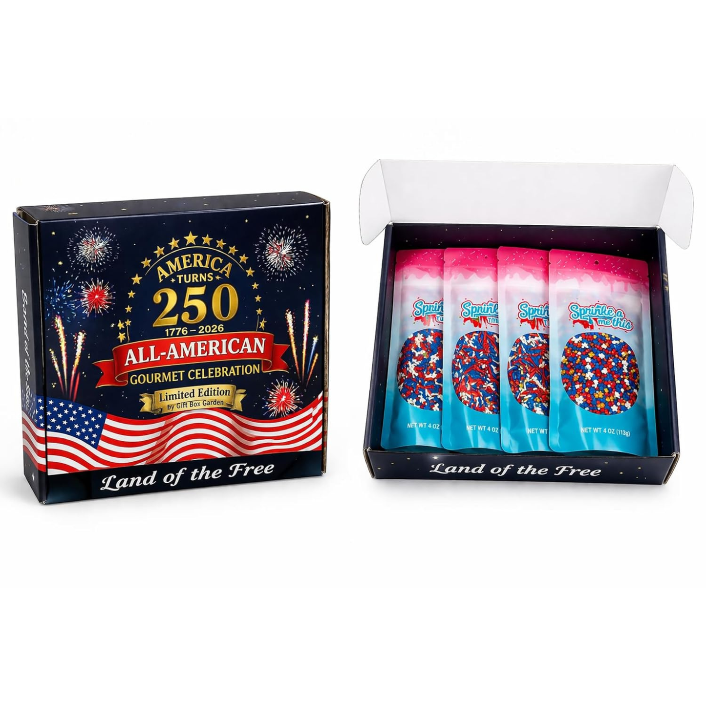 Gift Box Garden | America 250th Anniversary Limited Edition Gourmet Sprinkle Gift Box | Patriotic Red, White & Blue Sprinkle Set | 4 oz ea. Small Stars, Large Stars, Jimmies, & Decorettes