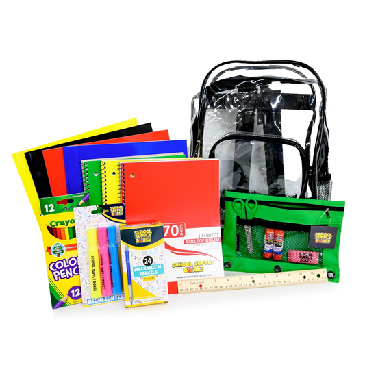 School Supply Boxes | 17" Clear or Black Backpack Bundle for Middle School |  Back to School Bookbag with Supplies | Contains Pencil Pouch, Notebooks, Highlighters, Mechanical Pencils, & More