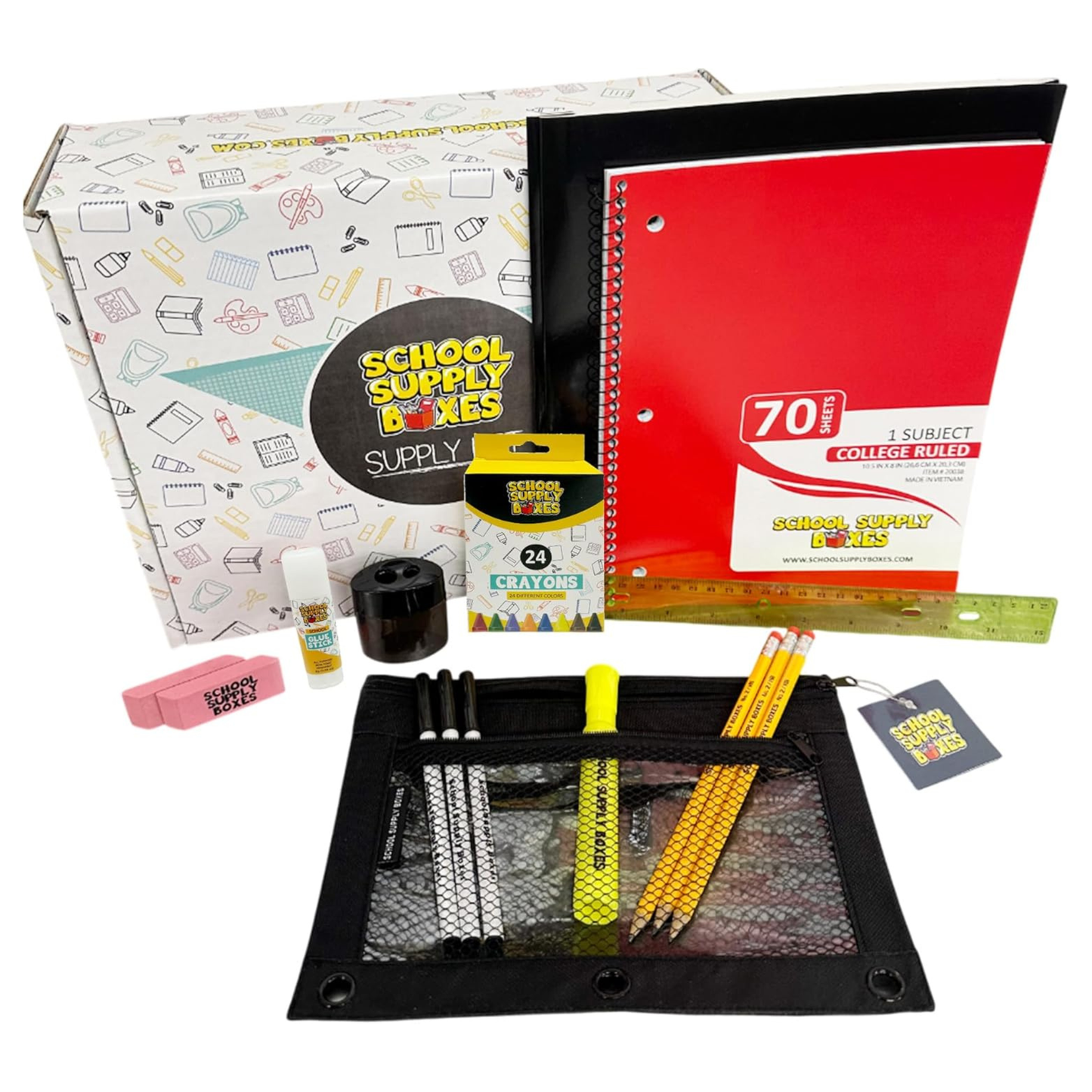 School Supply Boxes | Budget Saver Bundle - Available in 1 Box, 1 Case (4 Units), or 1 Pallet (180 Units) | Back to School Essentials Kit for Students & Teachers | Includes Spiral Notebook, Crayons, Pens, Pencils, Glue & More