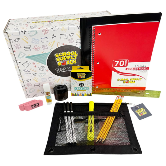 School Supply Boxes | Budget Saver Bundle - Available in 1 Box, 1 Case (4 Units), or 1 Pallet (180 Units) | Back to School Essentials Kit for Students & Teachers | Includes Spiral Notebook, Crayons, Pens, Pencils, Glue & More