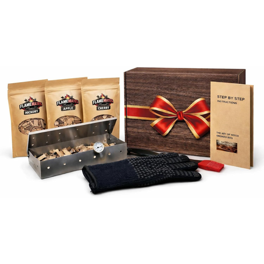 Gift Box Garden – Deluxe BBQ Smoker Kit – Grill Smoking Accessories Set with Smoker Box, Meat Thermometer, Basting Brush, Heat-Resistant Glove & Wood Chips (Hickory, Cherry, Apple)