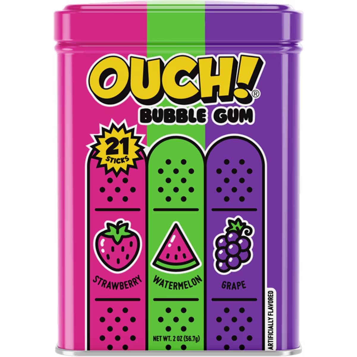 Ouch! Bubble Gum – 2oz Tin | ‘90s Nostalgia Candy in Watermelon, Strawberry & Grape