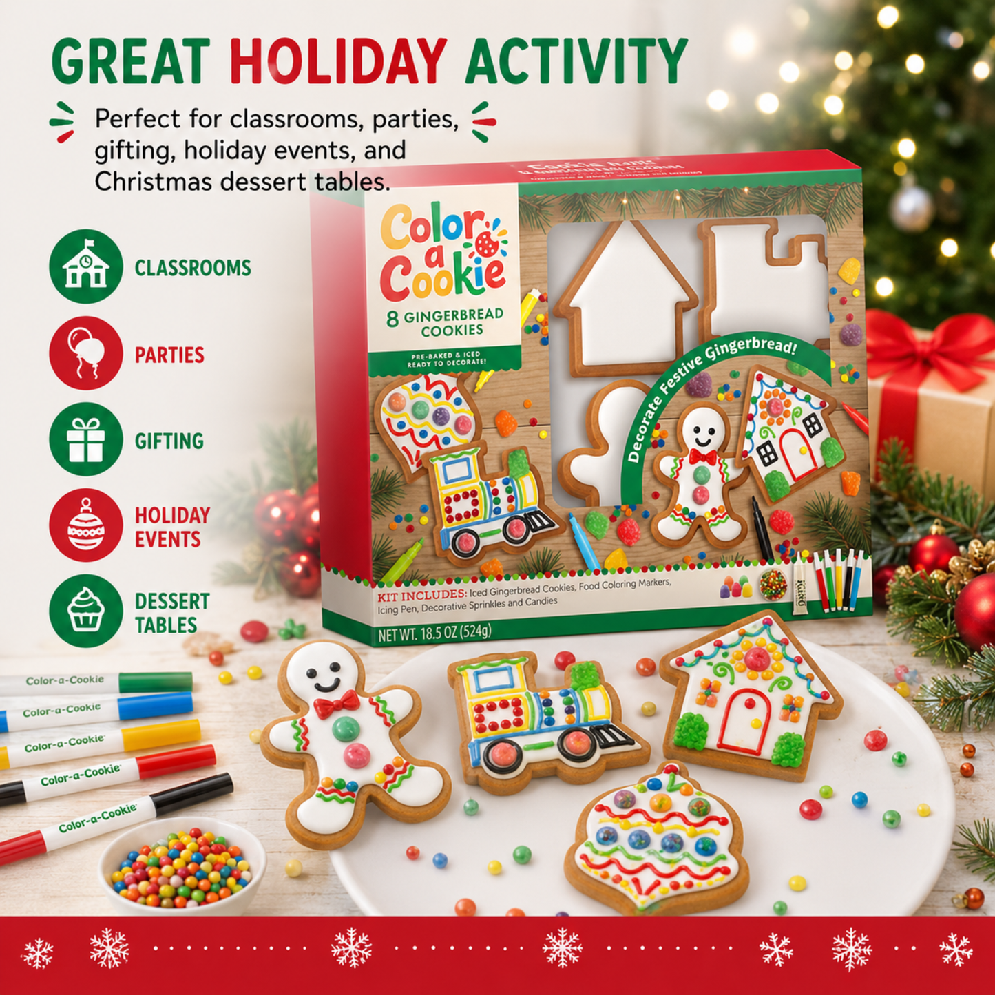 Treat Yourself! | Color a Cookie Festive Gingerbread Cookie Kit | Christmas Activity Kit | 8 Pre-Baked Iced Cookies, Rainbow Gumdrops, Rainbow Confetti, & 5 Food-Safe Markers