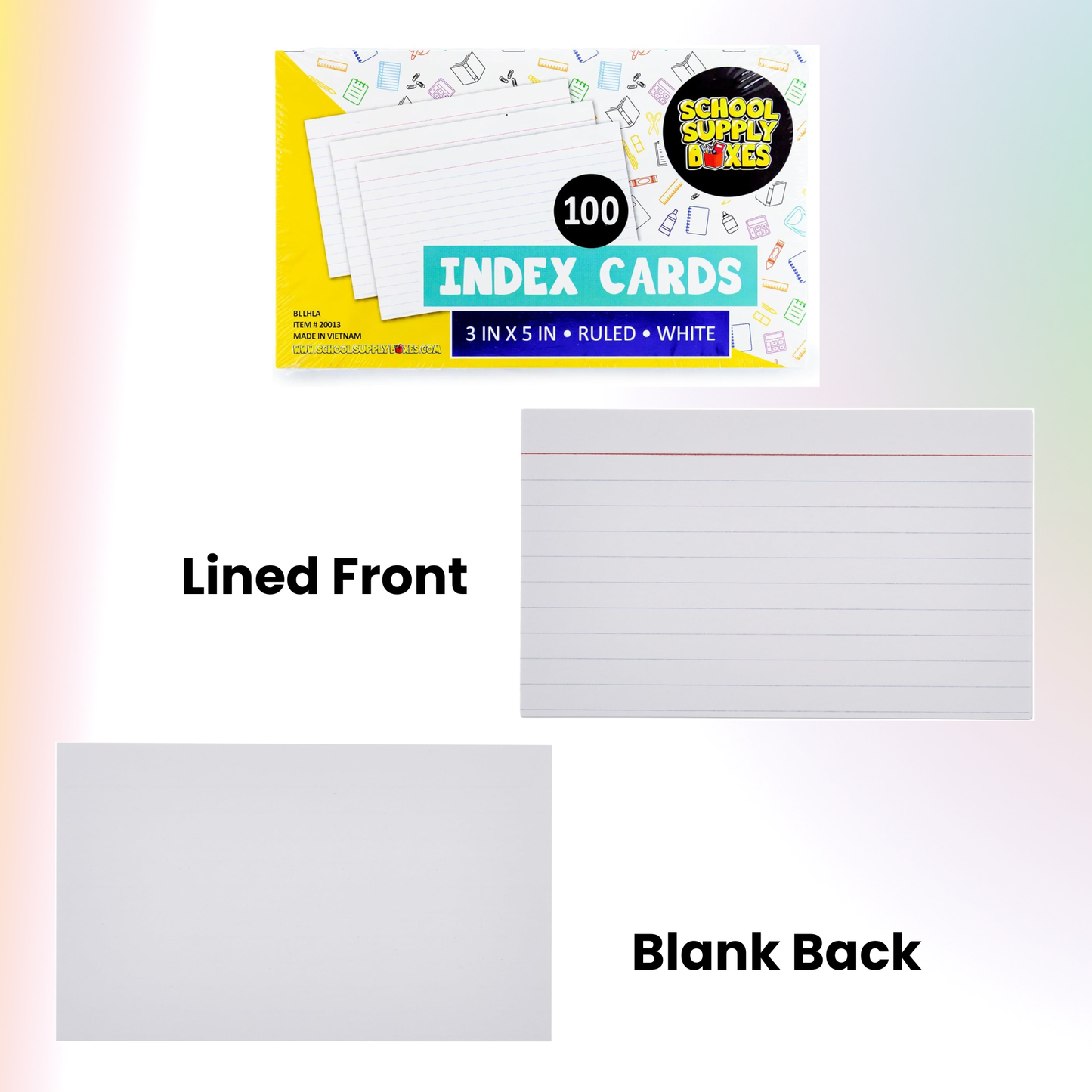 School Supply Boxes | 3x5 White Index Cards (100 ct.) | Available in 5 Pack, 10 Pack, 20 Pack, 50 Pack, & 100 Pack | Lined in Front, Blank in Back