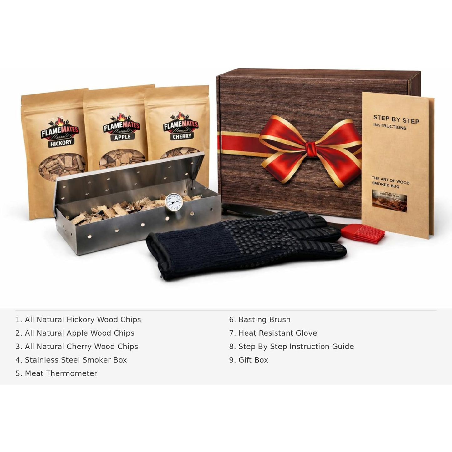 Gift Box Garden – Deluxe BBQ Smoker Kit – Grill Smoking Accessories Set with Smoker Box, Meat Thermometer, Basting Brush, Heat-Resistant Glove & Wood Chips (Hickory, Cherry, Apple)