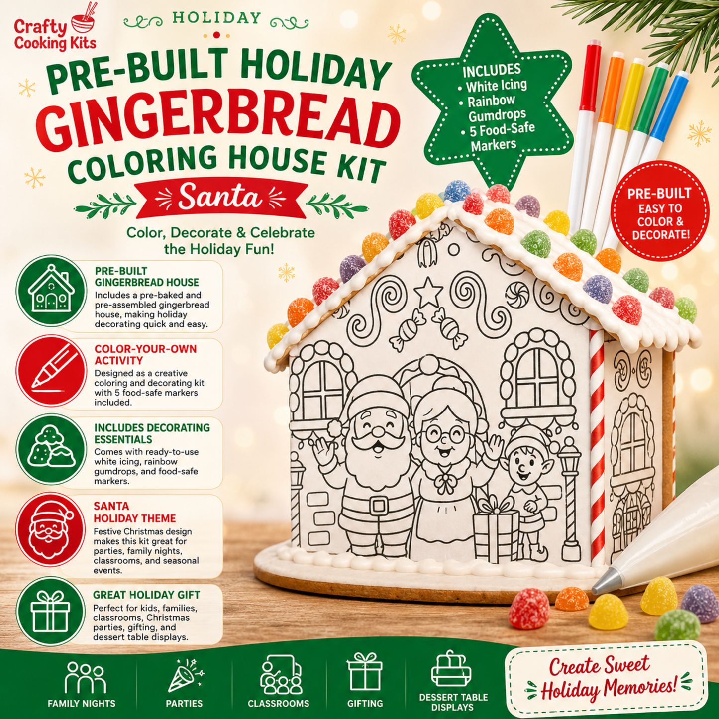 Treat Yourself! | Pre-Built Holiday Gingerbread Coloring House Kit - Santa | Includes White Icing, Rainbow Gumdrops & 5 Food-Safe Markers