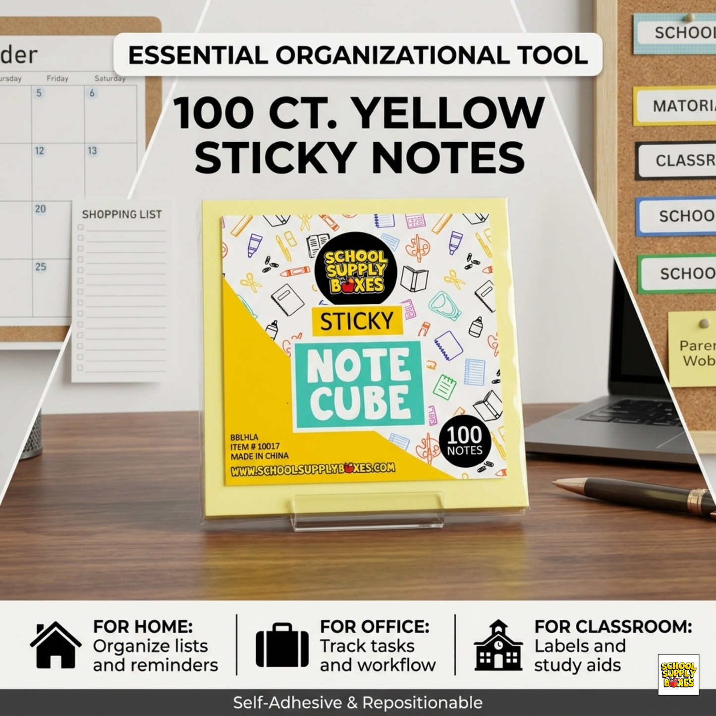 School Supply Boxes | 100 ct. Yellow Sticky Notes | Available in 10 Pack, 20 Pack, 50 Pack, 100 Pack, & 432 Pack | Self-Adhesive Notes for Home, Office, or Classroom