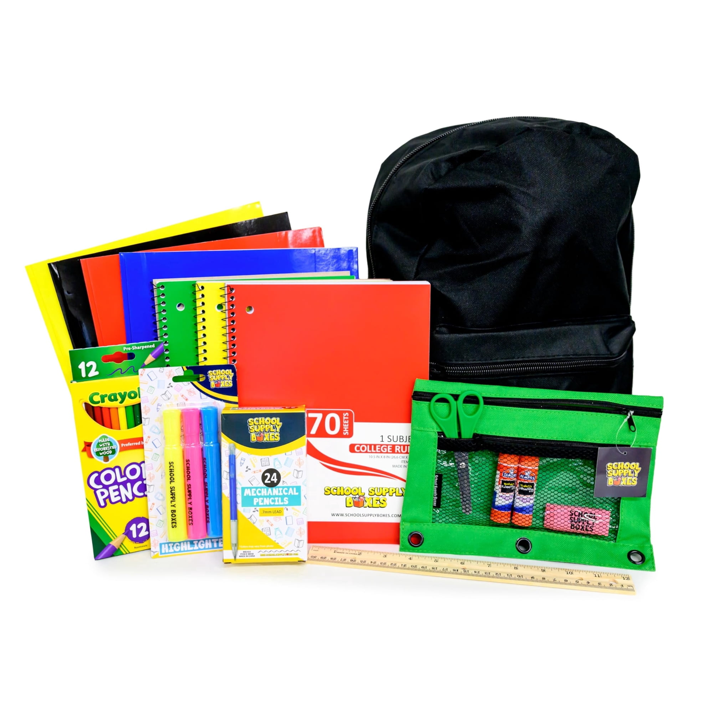School Supply Boxes | 17" Clear or Black Backpack Bundle for Middle School |  Back to School Bookbag with Supplies | Contains Pencil Pouch, Notebooks, Highlighters, Mechanical Pencils, & More
