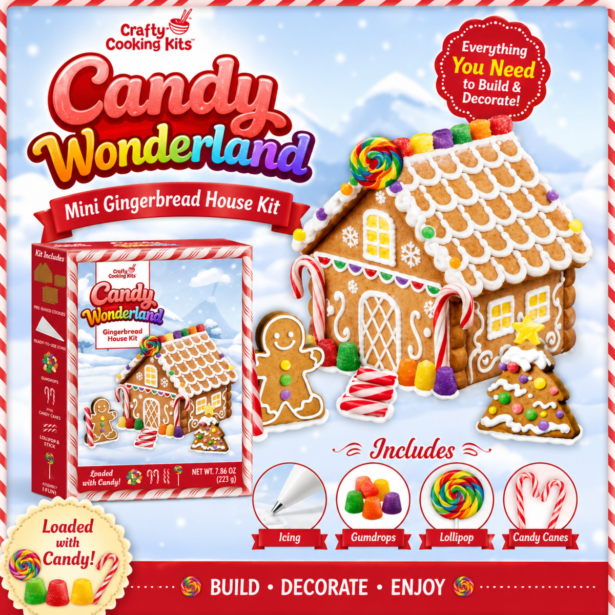 Treat Yourself! | Candy Wonderland Mini Gingerbread House Kit (Multiple Pack Sizes) | Includes Icing, Gumdrops, Lollipop & Candy Canes