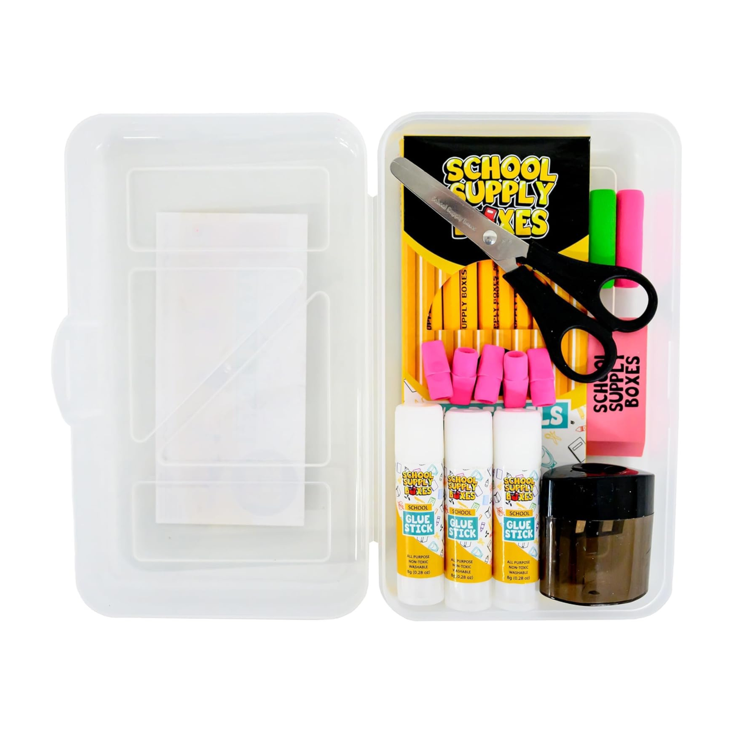 School Supply Boxes | K-5 Back to School Pencil Box Kit | 16-Piece Supply Set with Clear Plastic Box, Pencils, Crayons, Scissors & Glue Sticks