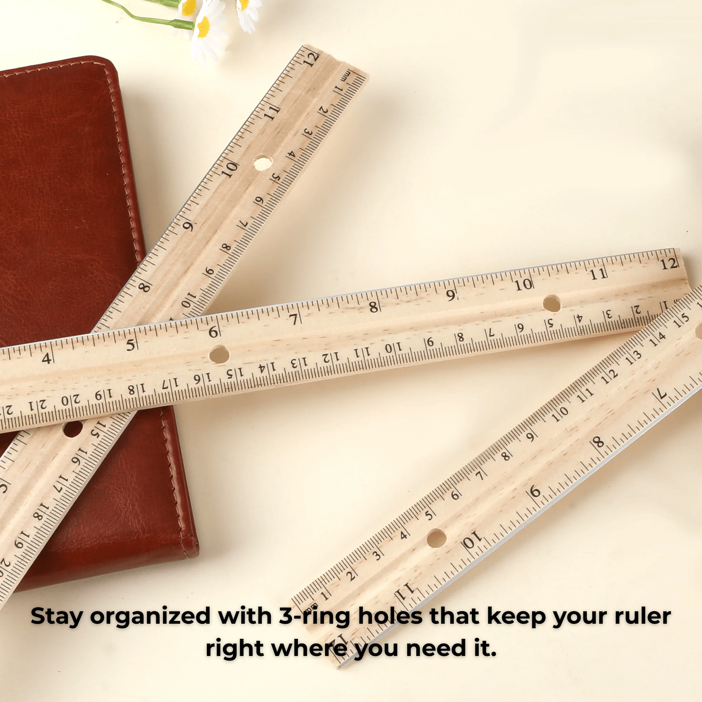 School Supply Boxes | 12" Wooden Ruler with 3-Ring Binder Holes | Available in 10 Pack, 20 Pack, 50 Pack, & 250 Pack | Durable Classroom and Office Supplies