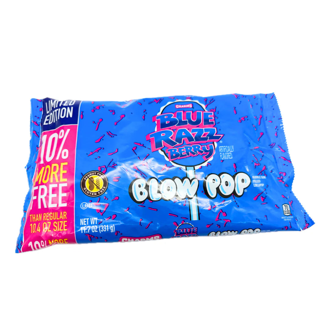 Charms Blue Razz Berry Blow Pops – 11.7 oz Bag – Hard Candy Lollipops with Bubble Gum Center