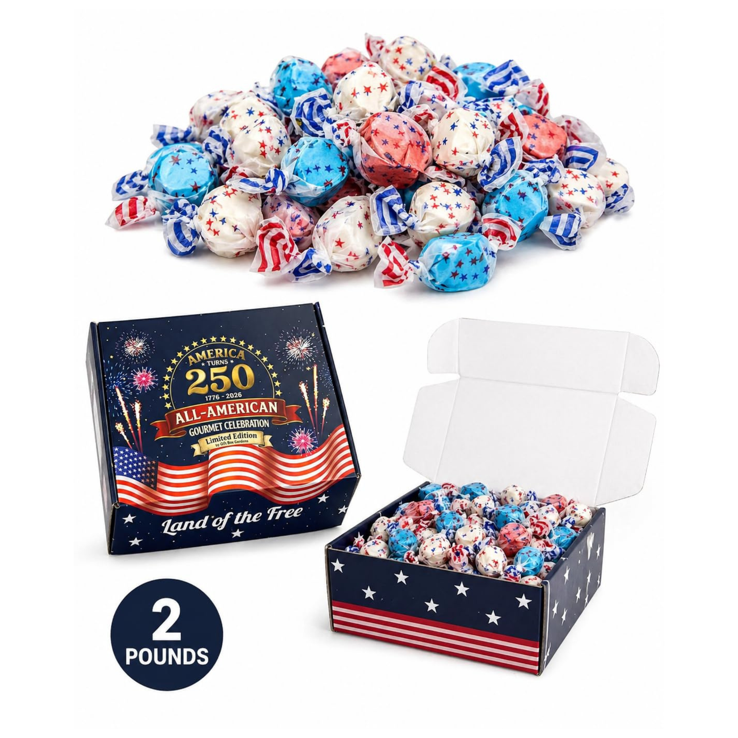 Gift Box Garden | America 250th Anniversary Limited Edition Salt Water Taffy Gift Box | 2 lb Cherry, Vanilla & Blueberry Taffy Candy Assortment | Patriotic Soft & Chewy Candy for 4th of July, Memorial Day, Parties & Gifting