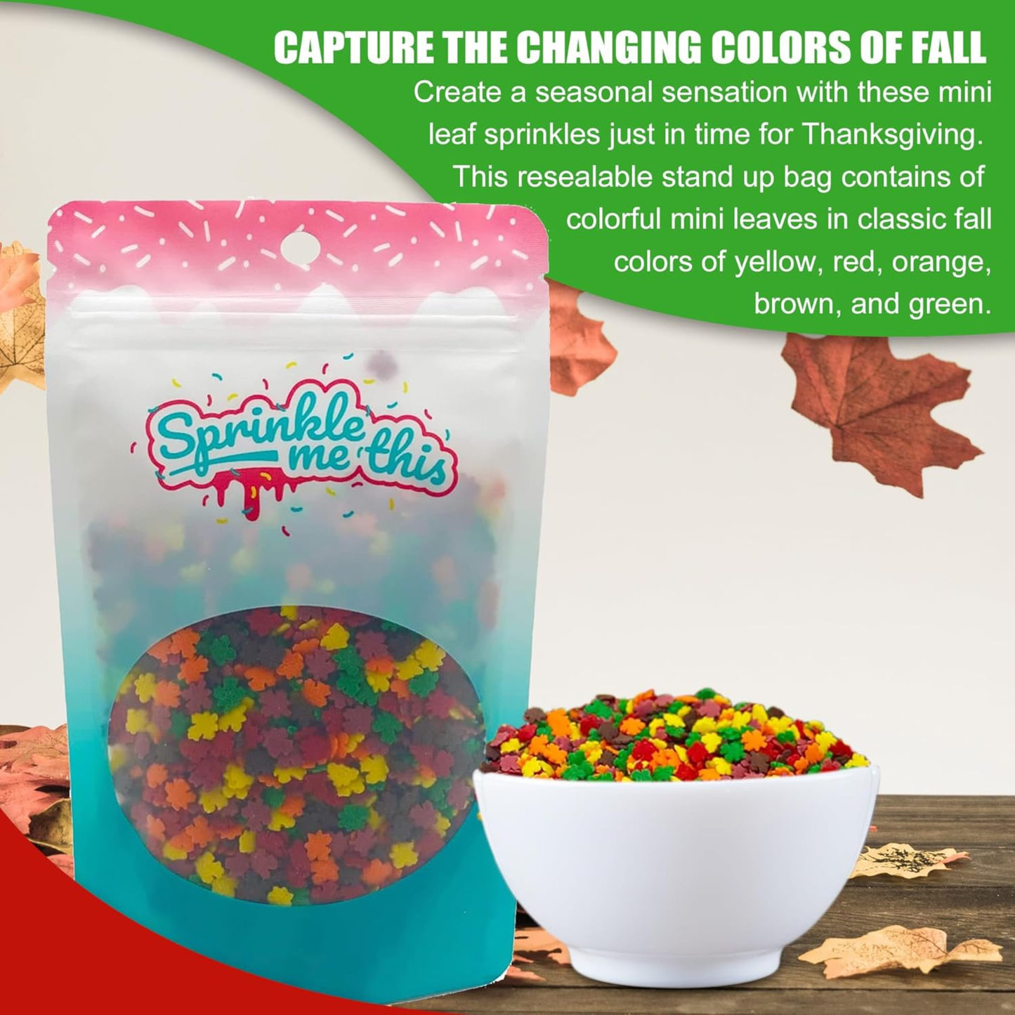Sprinkle Me This – Mini Fall Leaves Blend Confetti Sprinkles – 4, 8 & 12 oz – Fall Dessert Topping for Cookies, Cupcakes & Cakes