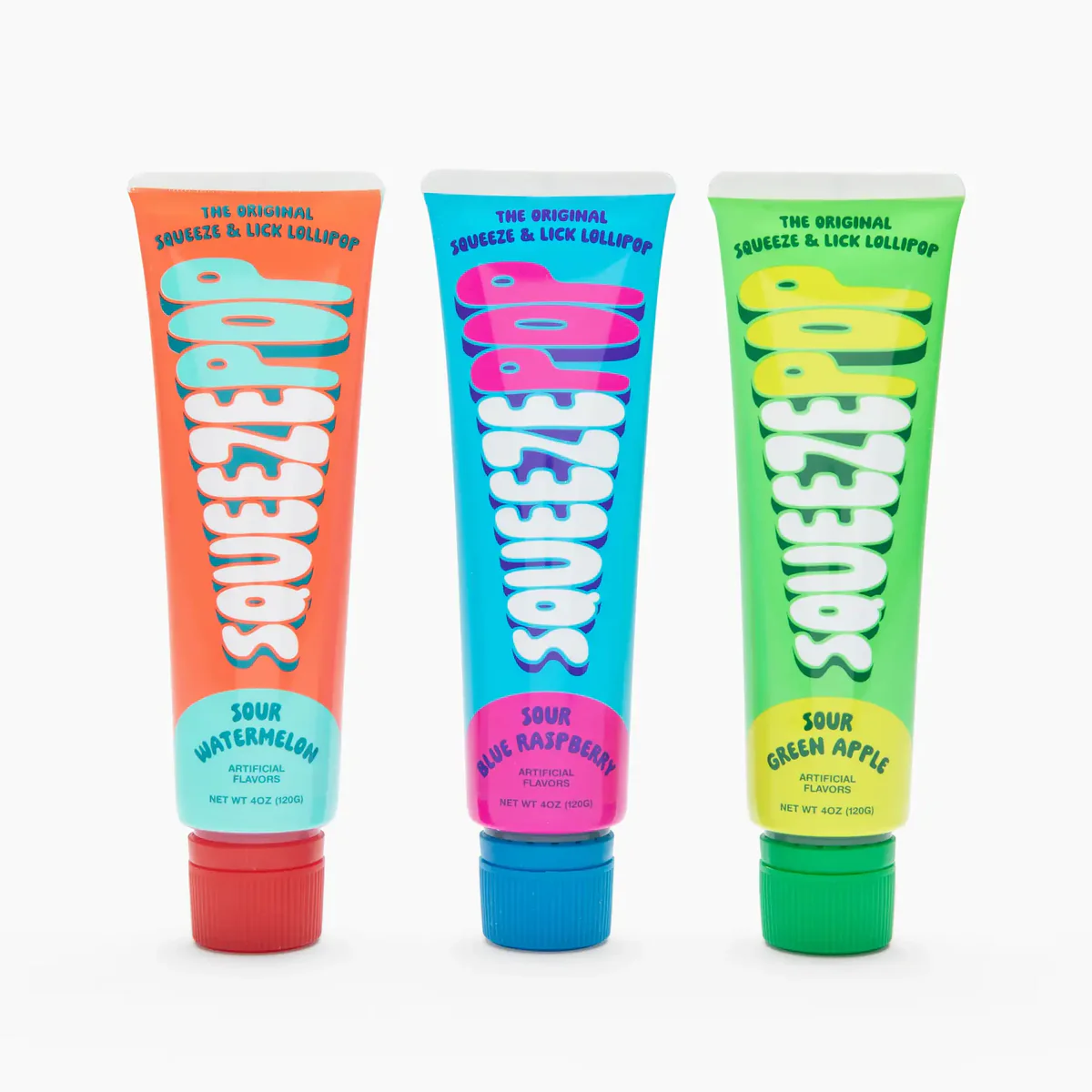 Squeeze Pop 4 oz – Sour Lollipop Tube in Watermelon, Blue Raspberry & Green Apple | Single, 3, 12 & Variety Pack