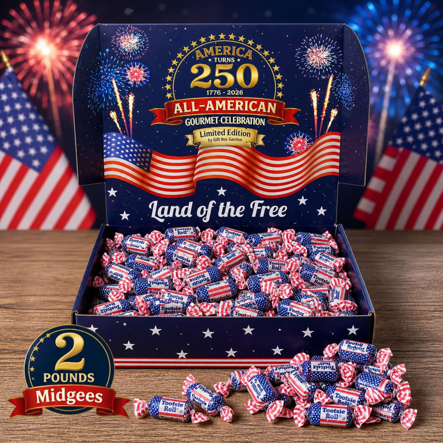 Gift Box Garden | America 250th Anniversary Limited Edition Patriotic Midgees | 2 lb Red, White & Blue Candy Assortment | Patriotic Candy for 4th of July, Memorial Day