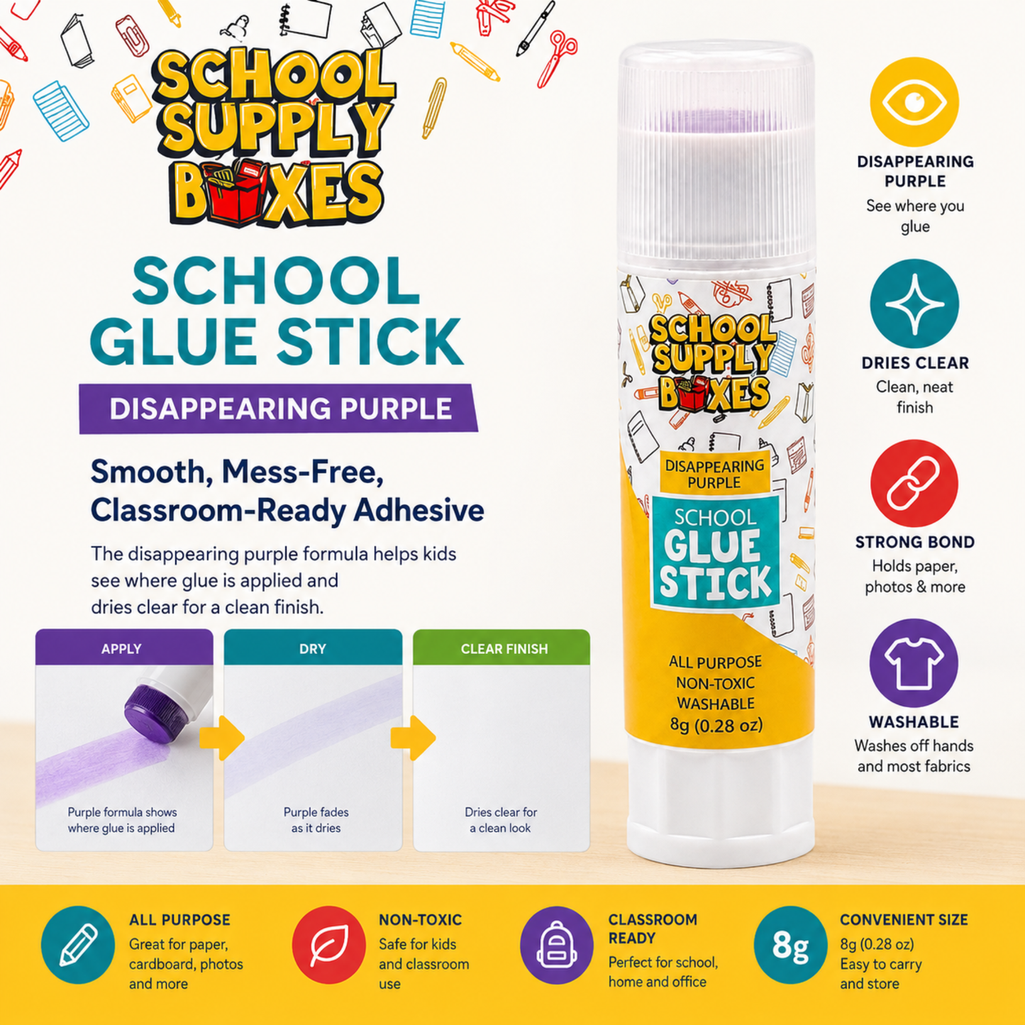 School Supply Boxes | Disappearing Glue Stick | Available in Multiple Pack Sizes | Smooth, Mess-Free, Classroom-Ready Adhesive