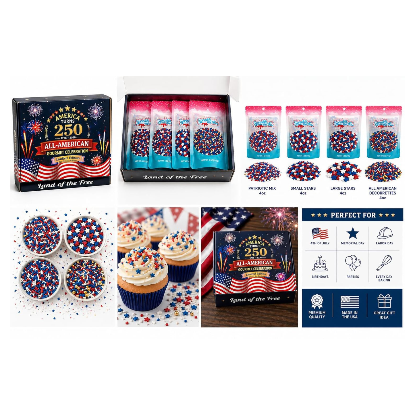Gift Box Garden | America 250th Anniversary Limited Edition Gourmet Sprinkle Gift Box | Patriotic Red, White & Blue Sprinkle Set | 4 oz ea. Small Stars, Large Stars, Jimmies, & Decorettes