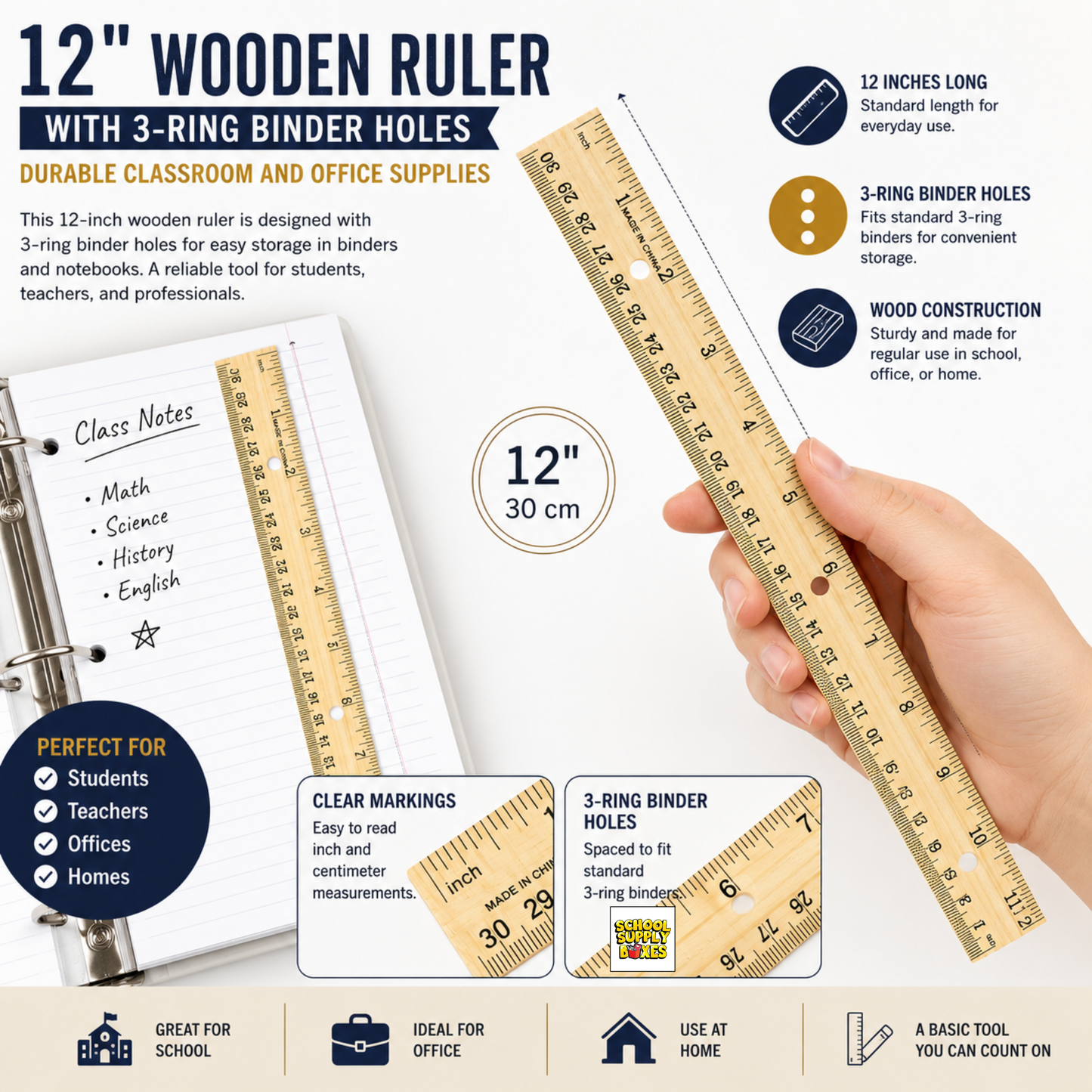 School Supply Boxes | 12" Wooden Ruler with 3-Ring Binder Holes | Available in 10 Pack, 20 Pack, 50 Pack, & 250 Pack | Durable Classroom and Office Supplies