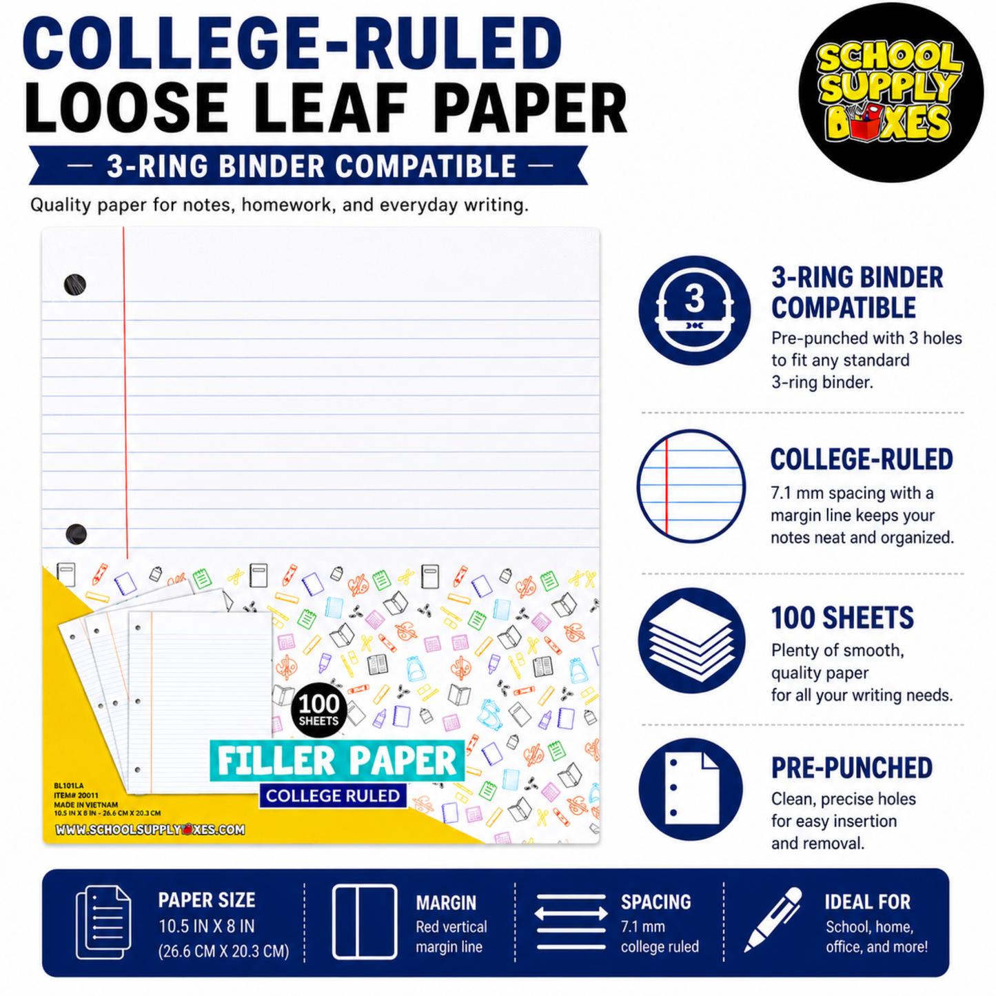School Supply Boxes | College-Ruled or Wide-Ruled Loose Leaf Paper | Available in Multiple Pack Sizes | 100 Sheets Per Pack, 3-Ring Binder Compatible