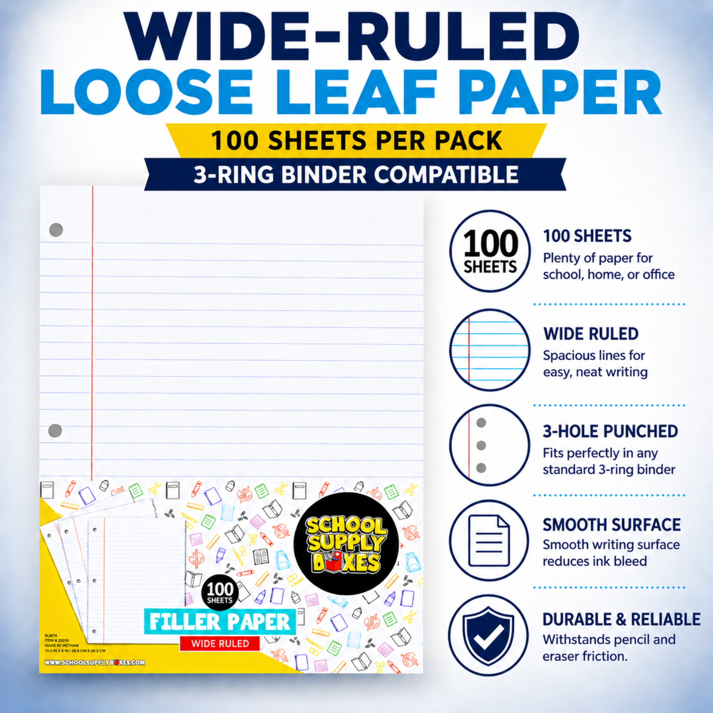School Supply Boxes | College-Ruled or Wide-Ruled Loose Leaf Paper | Available in Multiple Pack Sizes | 100 Sheets Per Pack, 3-Ring Binder Compatible