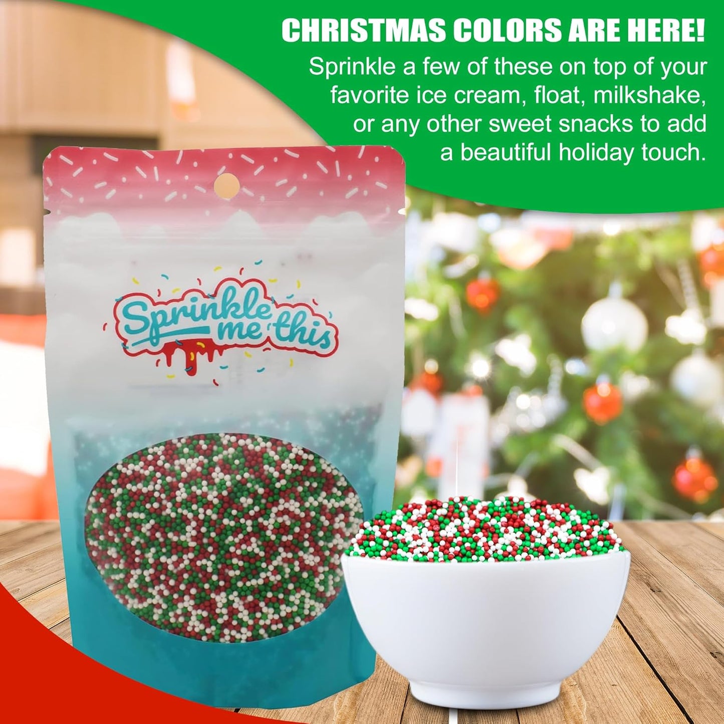 Sprinkle Me This – Christmas Blend Nonpareils – 4, 8 & 12 oz – Festive Dessert Topping for Cookies, Cupcakes, and Cakes