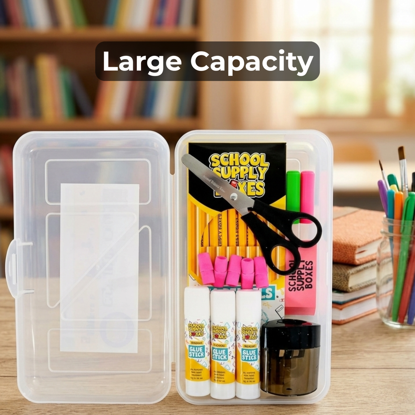 School Supply Boxes | Clear, Translucent Pencil Box | Available in 3 Pack, 6 Pack, 12 Pack, 24 Pack, & 48 Pack | Durable and Stackable Organizer for School Supplies & Office Products