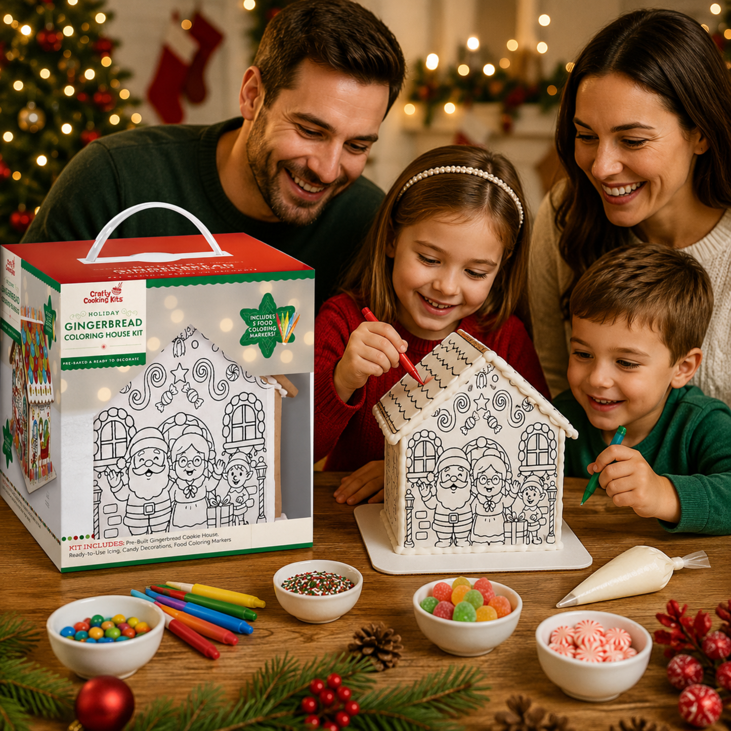 Treat Yourself! | Pre-Built Holiday Gingerbread Coloring House Kit - Santa | Includes White Icing, Rainbow Gumdrops & 5 Food-Safe Markers