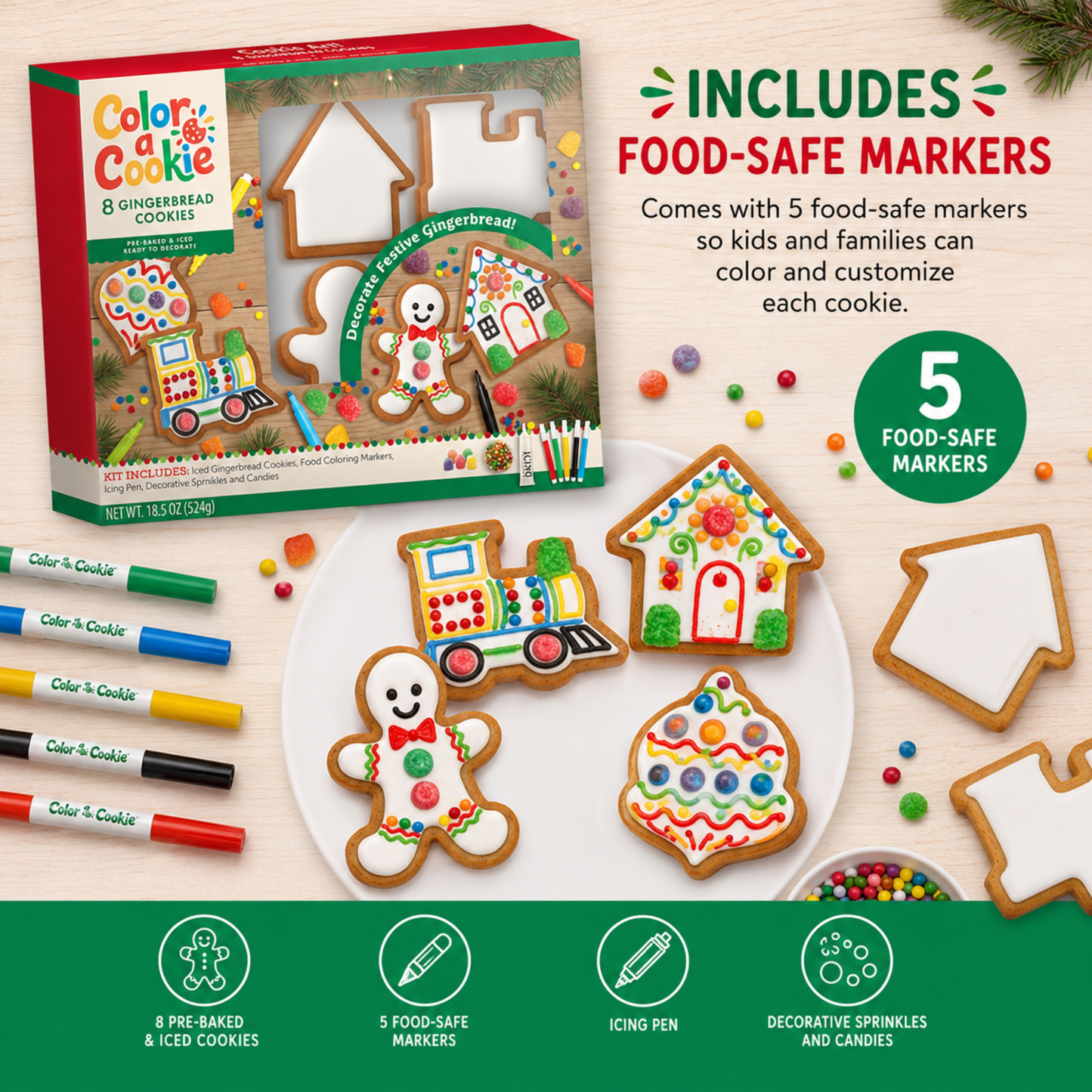 Treat Yourself! | Color a Cookie Festive Gingerbread Cookie Kit | Christmas Activity Kit | 8 Pre-Baked Iced Cookies, Rainbow Gumdrops, Rainbow Confetti, & 5 Food-Safe Markers