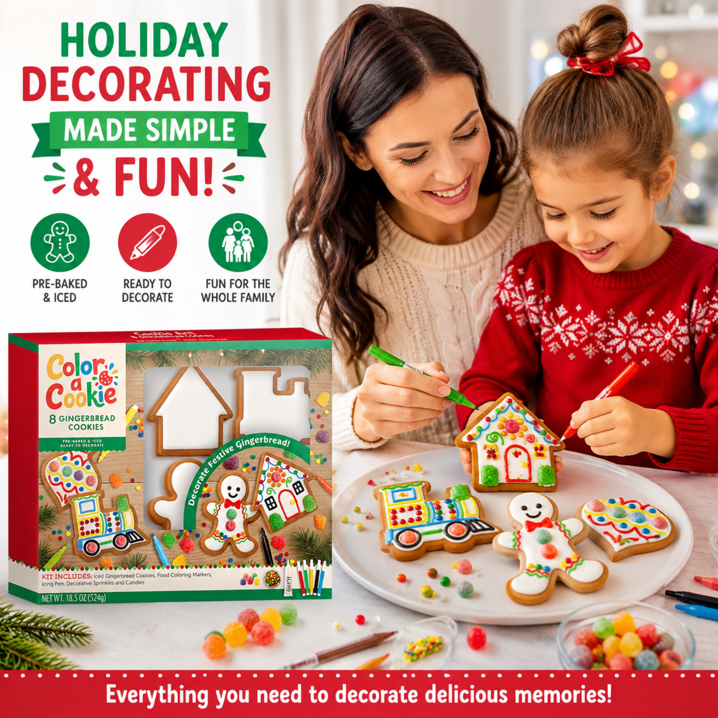Treat Yourself! | Color a Cookie Festive Gingerbread Cookie Kit | Christmas Activity Kit | 8 Pre-Baked Iced Cookies, Rainbow Gumdrops, Rainbow Confetti, & 5 Food-Safe Markers