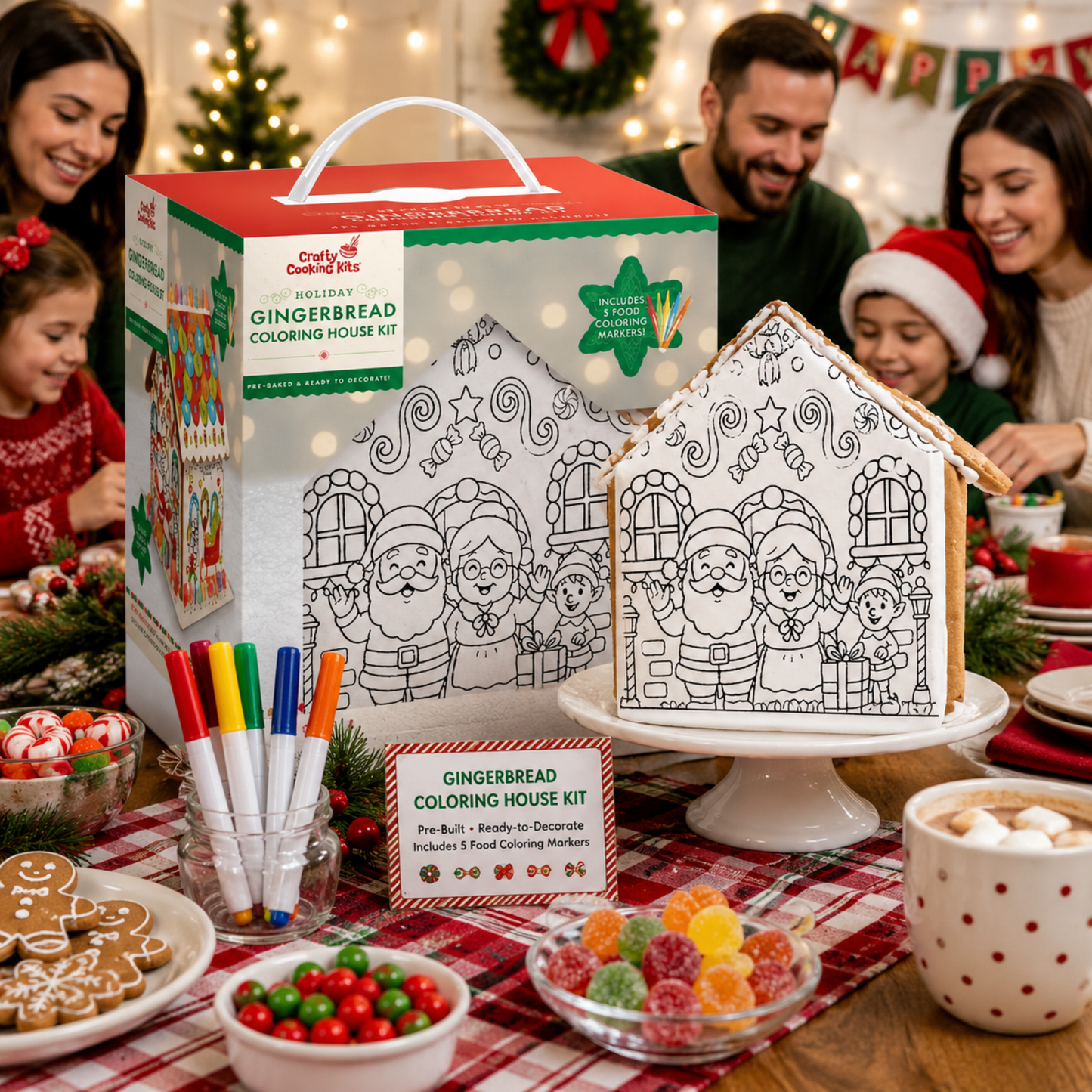Treat Yourself! | Pre-Built Holiday Gingerbread Coloring House Kit - Santa | Includes White Icing, Rainbow Gumdrops & 5 Food-Safe Markers