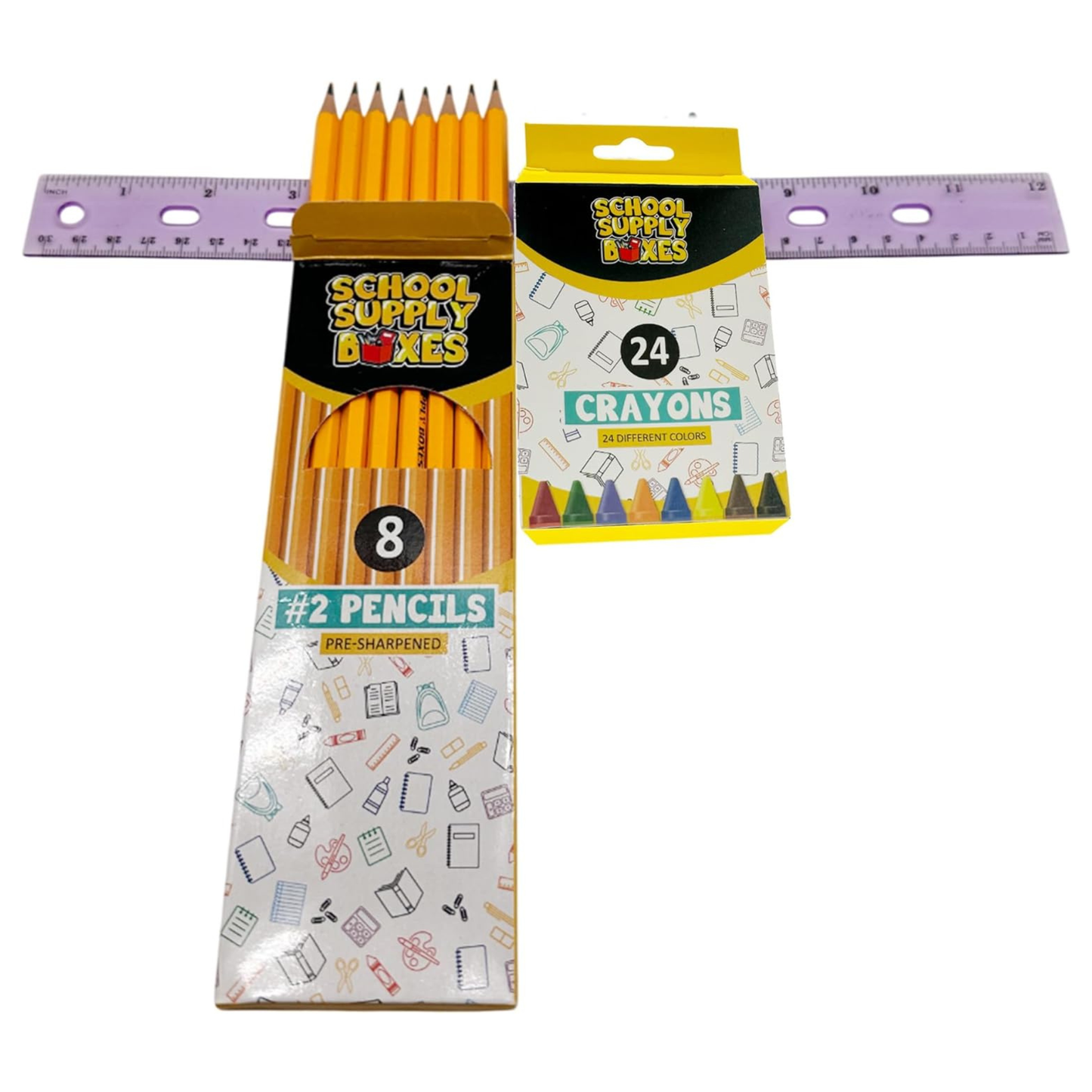 School Supply Boxes | K-8 Bundle - Available in 1 Box, 1 Case (4 Units), or 1 Pallet (180 Units) | Back to School Essentials Kit for Students & Teachers | Includes Spiral Notebook, Crayons, Pens, Pencils, Glue & More