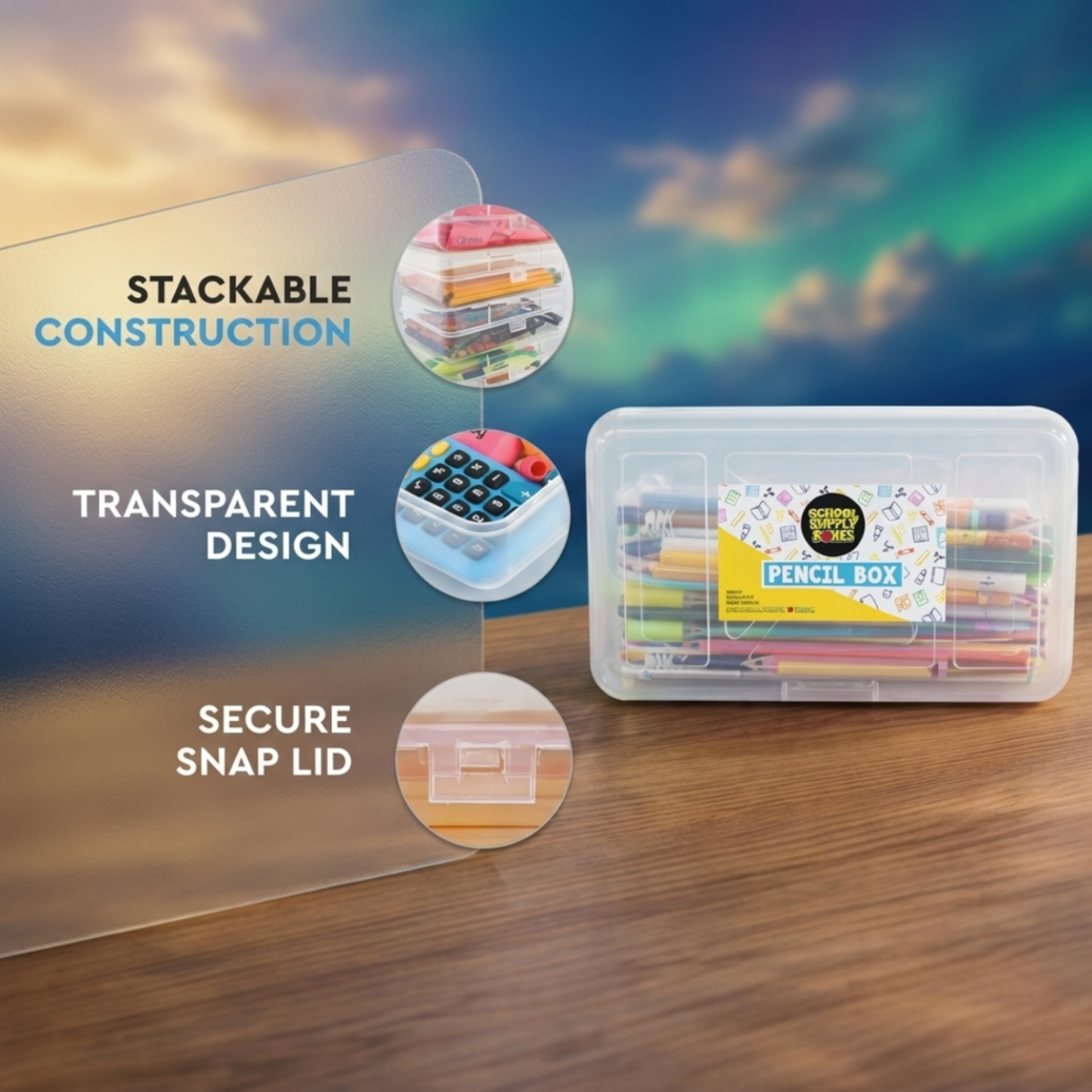 School Supply Boxes | Clear, Translucent Pencil Box | Available in 3 Pack, 6 Pack, 12 Pack, 24 Pack, & 48 Pack | Durable and Stackable Organizer for School Supplies & Office Products