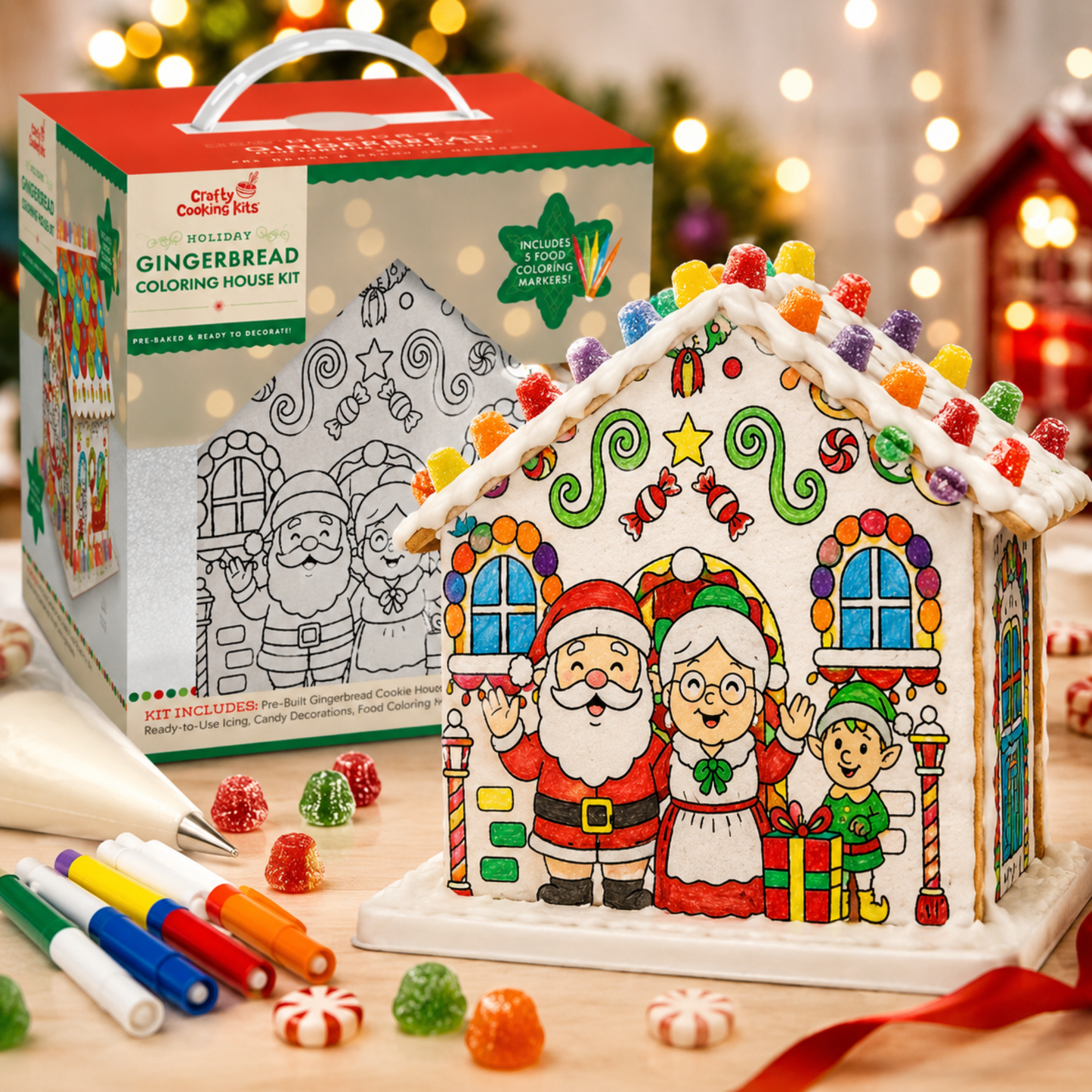 Treat Yourself! | Pre-Built Holiday Gingerbread Coloring House Kit - Santa | Includes White Icing, Rainbow Gumdrops & 5 Food-Safe Markers