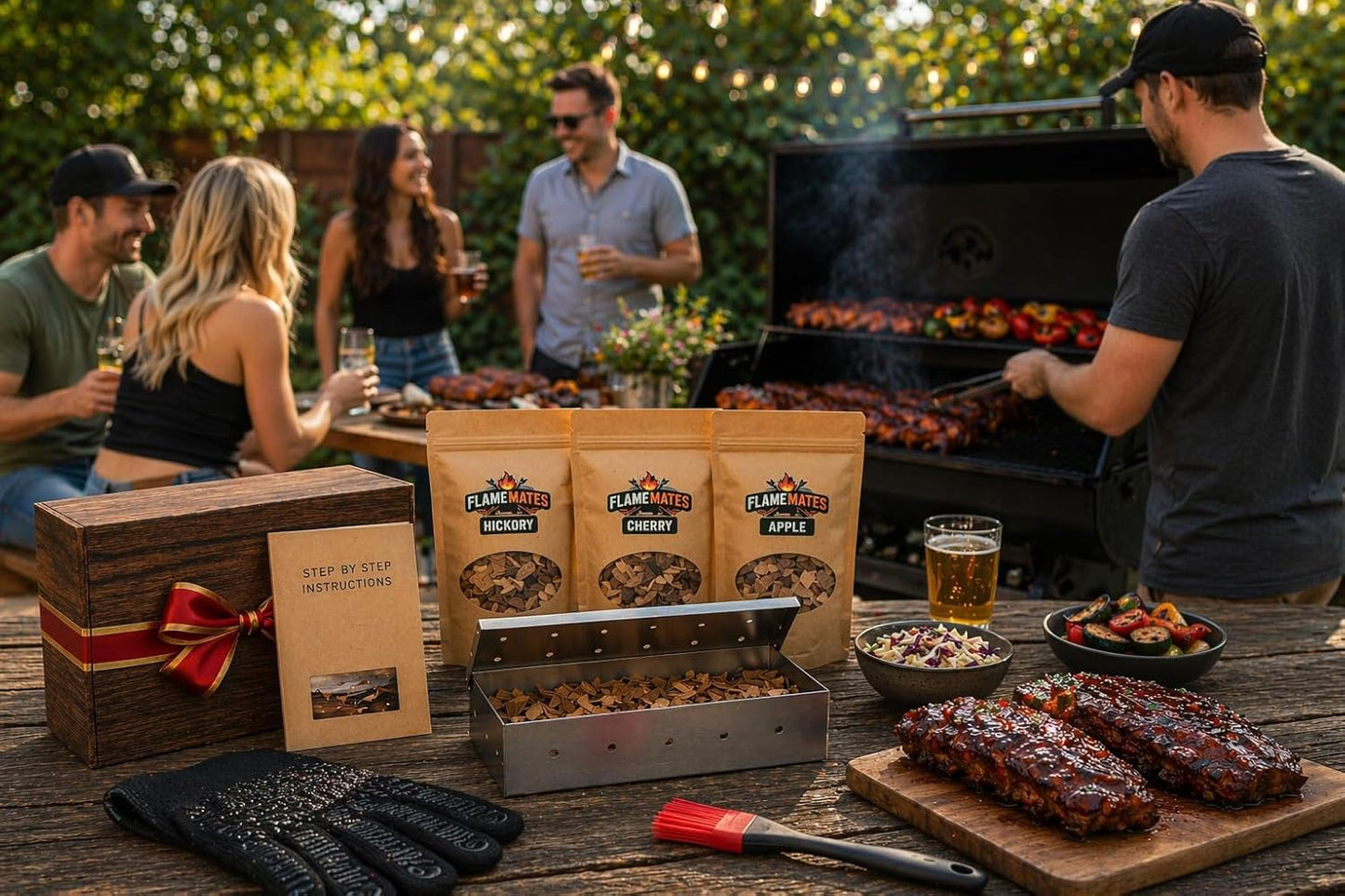 Gift Box Garden – Deluxe BBQ Smoker Kit – Grill Smoking Accessories Set with Smoker Box, Meat Thermometer, Basting Brush, Heat-Resistant Glove & Wood Chips (Hickory, Cherry, Apple)